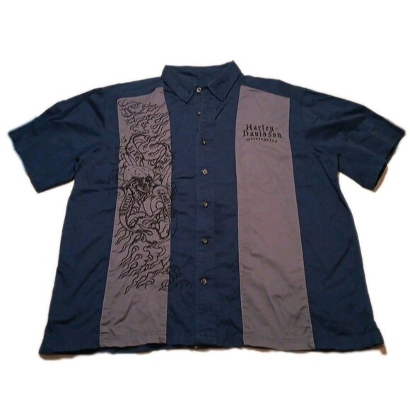 Harley-Davidson Other - Harley Davidson Button Up Short Sleeve Shirt Men's XL Blue/Gray Skulls